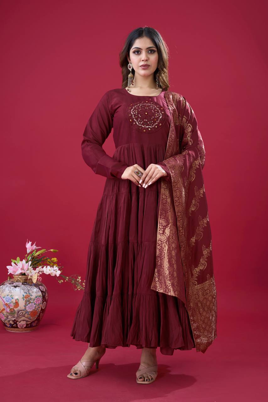 Teeya Creation Maroon Colour Heavy Roman Silk Gown With Jacquard Dupatta | Grocsy