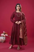 Teeya Creation Maroon Colour Heavy Roman Silk Gown With Jacquard Dupatta | Grocsy