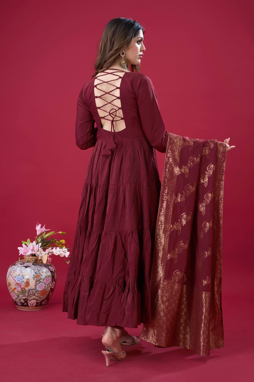 Teeya Creation Maroon Colour Heavy Roman Silk Gown With Jacquard Dupatta | Grocsy