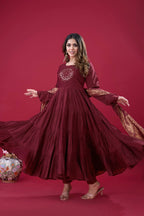 Teeya Creation Maroon Colour Heavy Roman Silk Gown With Jacquard Dupatta | Grocsy