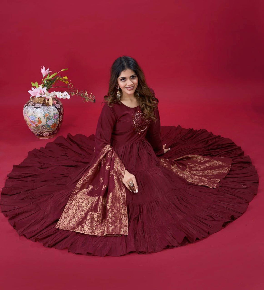 Teeya Creation Maroon Colour Heavy Roman Silk Gown With Jacquard Dupatta | Grocsy