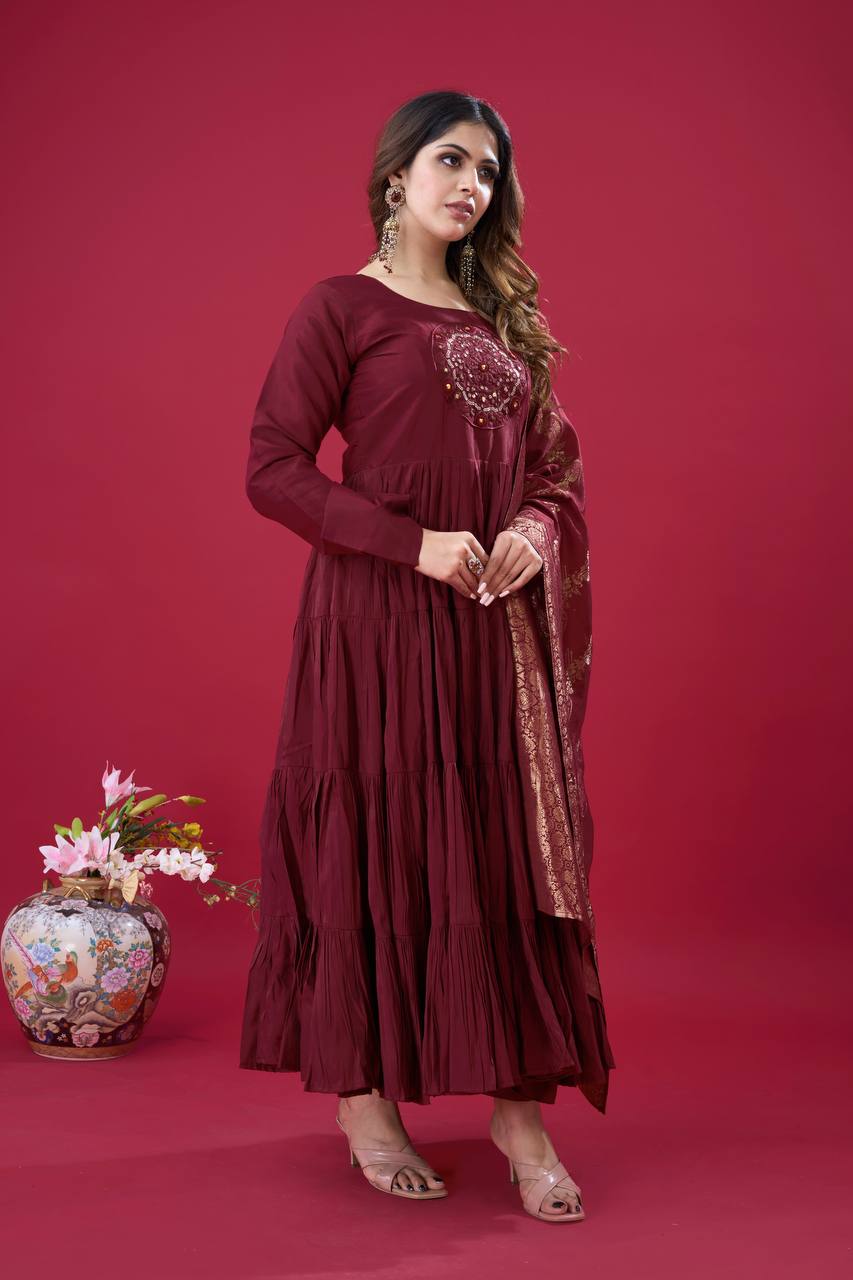 Teeya Creation Maroon Colour Heavy Roman Silk Gown With Jacquard Dupatta | Grocsy