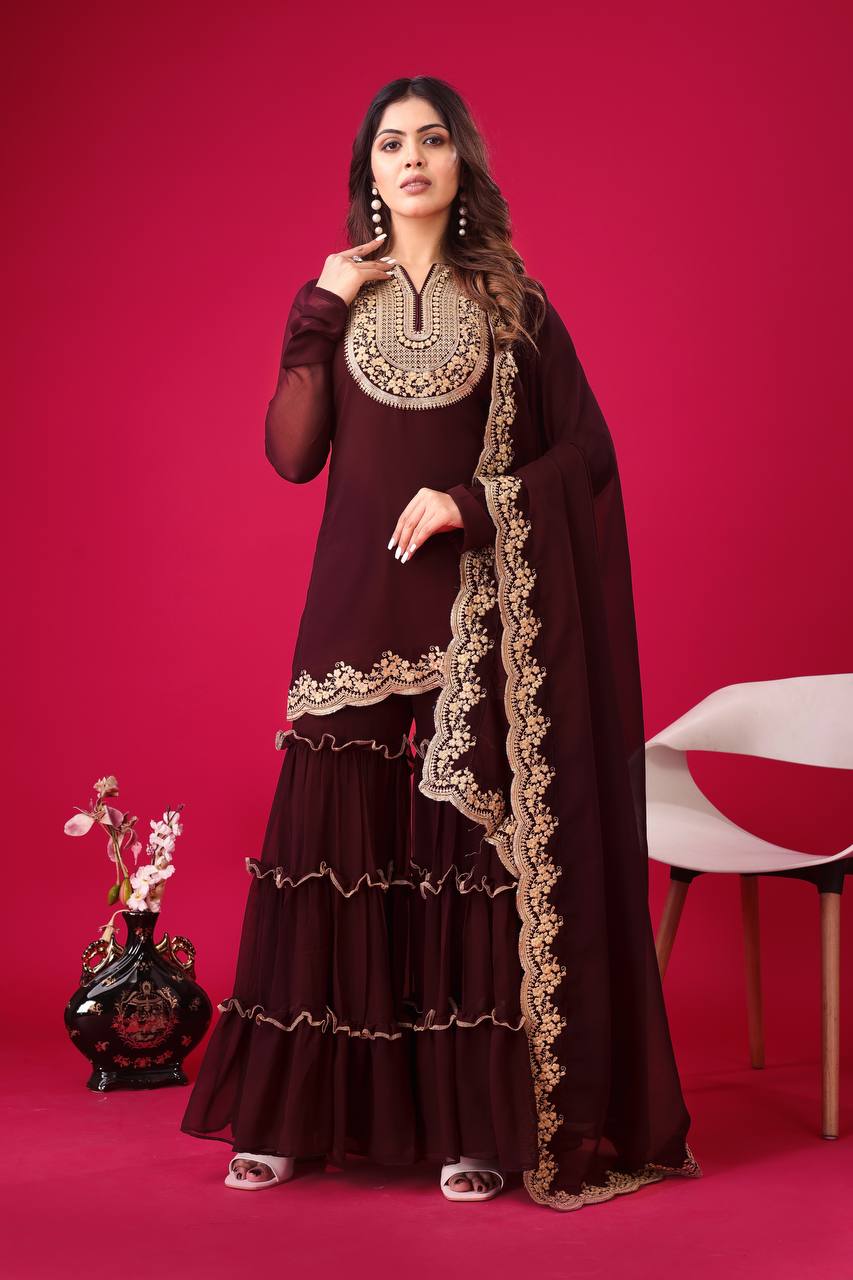 Teeya Creation Maroon Colour Faux Georgette Heavy Embroidery Work Fully Stitched Palazzo pair | Grocsy