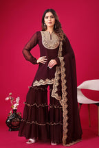 Teeya Creation Maroon Colour Faux Georgette Heavy Embroidery Work Fully Stitched Palazzo pair | Grocsy
