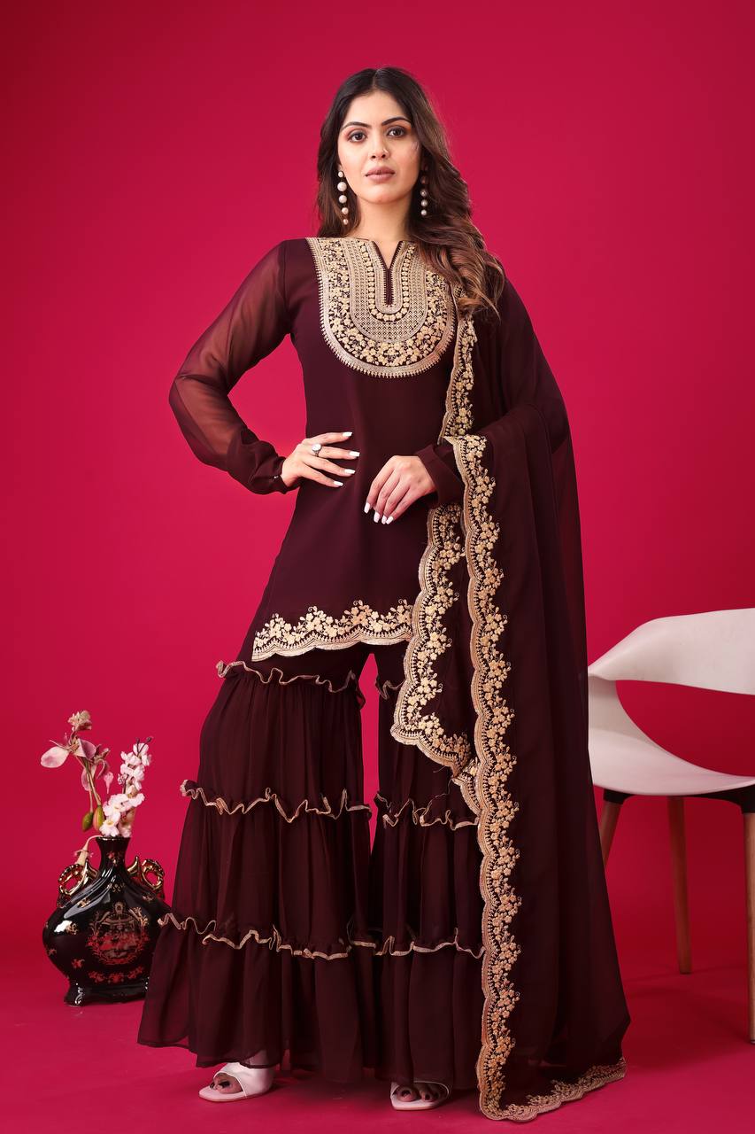 Teeya Creation Maroon Colour Faux Georgette Heavy Embroidery Work Fully Stitched Palazzo pair | Grocsy