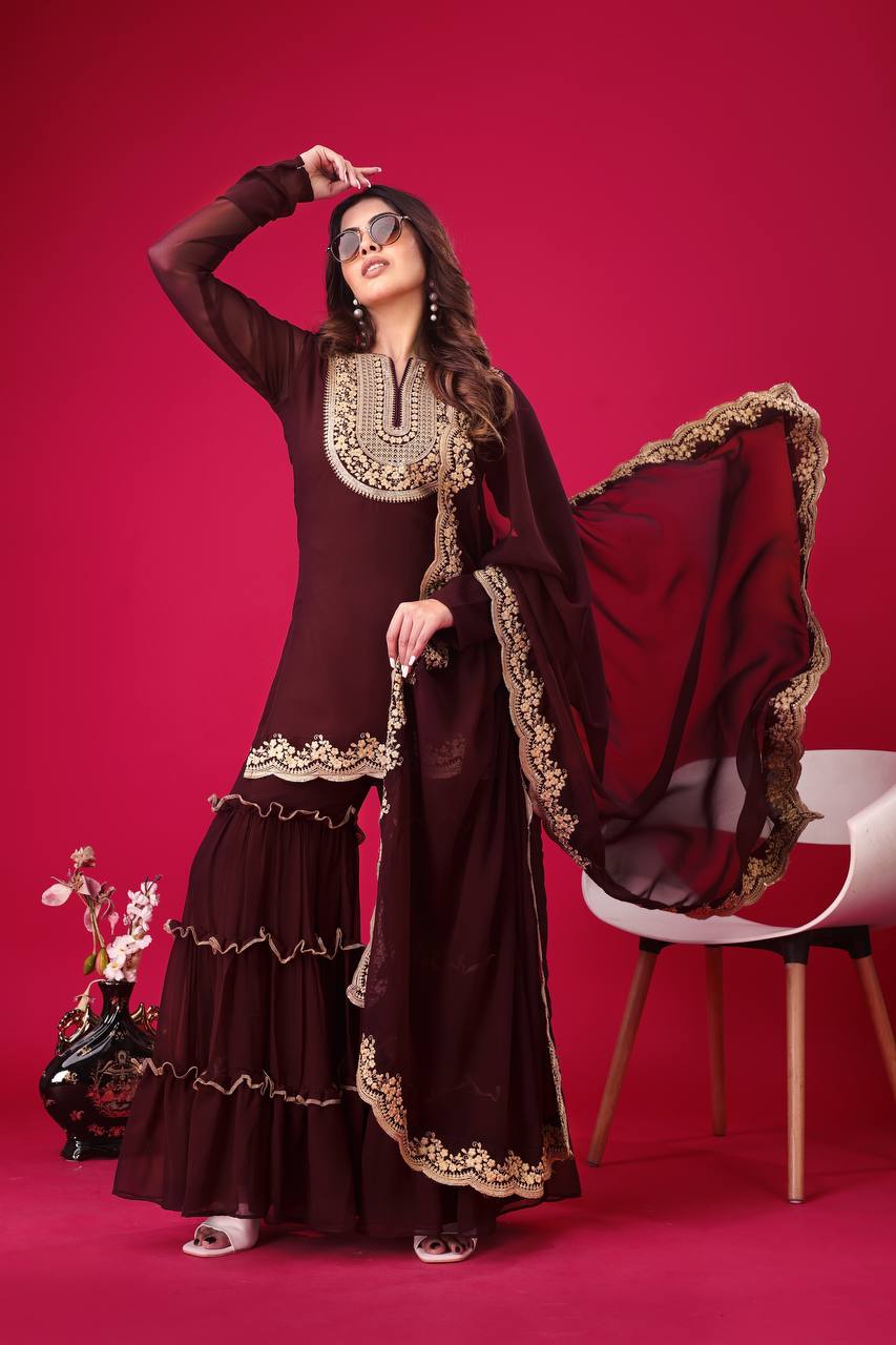 Teeya Creation Maroon Colour Faux Georgette Heavy Embroidery Work Fully Stitched Palazzo pair | Grocsy