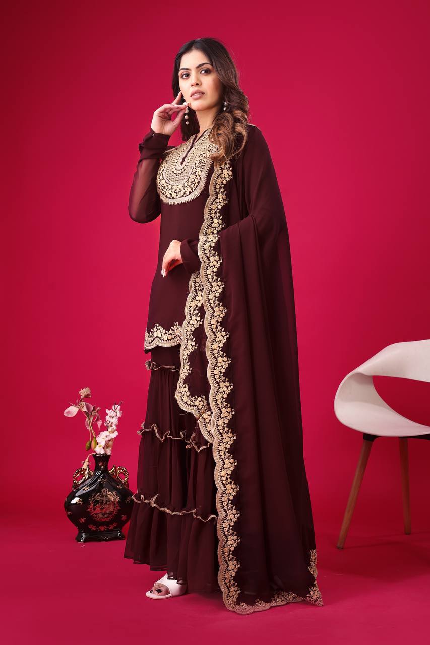 Teeya Creation Maroon Colour Faux Georgette Heavy Embroidery Work Fully Stitched Palazzo pair | Grocsy