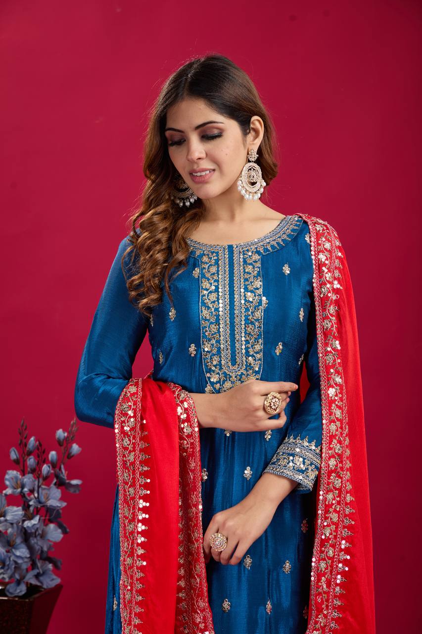 Teeya Creation Blue Colour Chinon Silk Heavy Embroidery Work Fully Stitched Salwar Suit | Grocsy