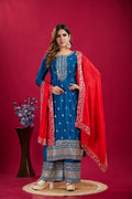 Teeya Creation Blue Colour Chinon Silk Heavy Embroidery Work Fully Stitched Salwar Suit | Grocsy