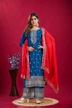 Teeya Creation Blue Colour Chinon Silk Heavy Embroidery Work Fully Stitched Salwar Suit | Grocsy