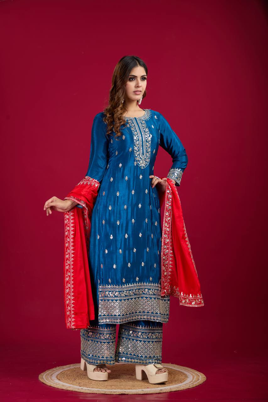 Teeya Creation Blue Colour Chinon Silk Heavy Embroidery Work Fully Stitched Salwar Suit | Grocsy