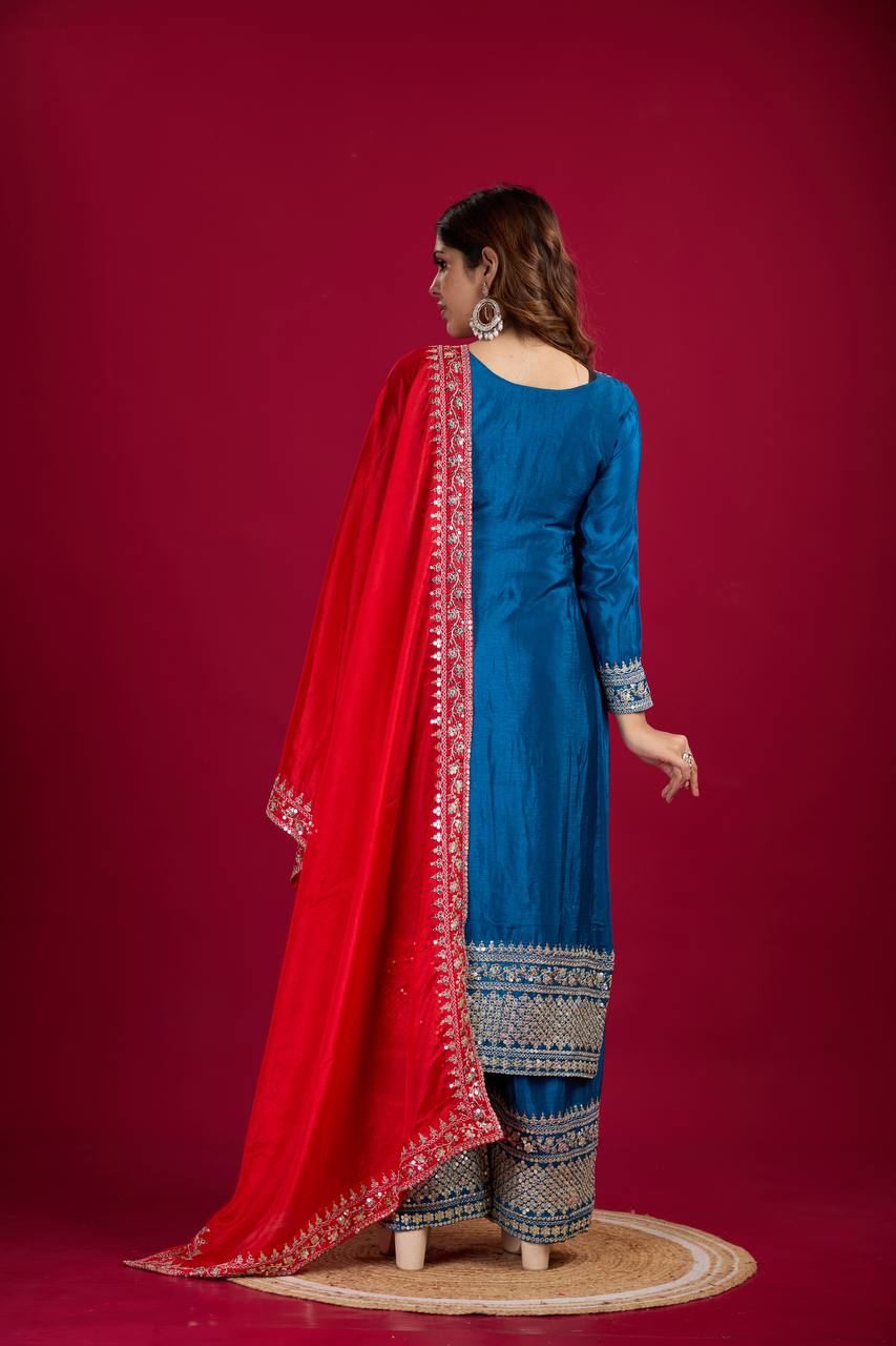 Teeya Creation Blue Colour Chinon Silk Heavy Embroidery Work Fully Stitched Salwar Suit | Grocsy