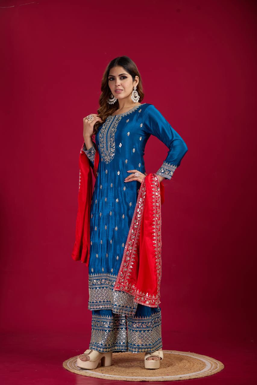 Teeya Creation Blue Colour Chinon Silk Heavy Embroidery Work Fully Stitched Salwar Suit | Grocsy