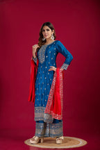 Teeya Creation Blue Colour Chinon Silk Heavy Embroidery Work Fully Stitched Salwar Suit | Grocsy