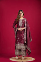 Teeya Creation Maroon Colour Chinon Silk Heavy Embroidery Work Fully Stitched Salwar Suit | Grocsy