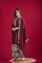 Teeya Creation Maroon Colour Chinon Silk Heavy Embroidery Work Fully Stitched Salwar Suit | Grocsy