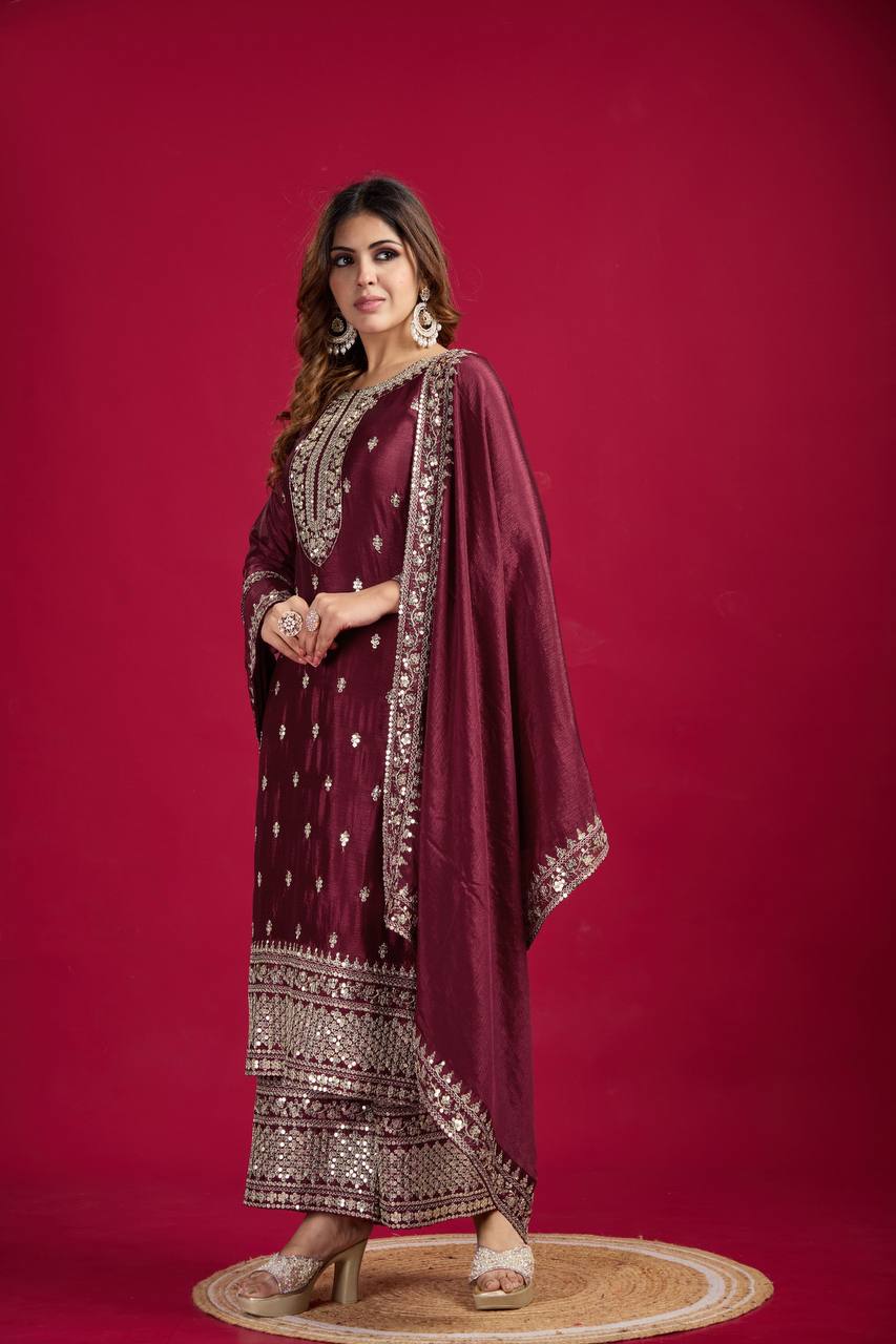 Teeya Creation Maroon Colour Chinon Silk Heavy Embroidery Work Fully Stitched Salwar Suit | Grocsy
