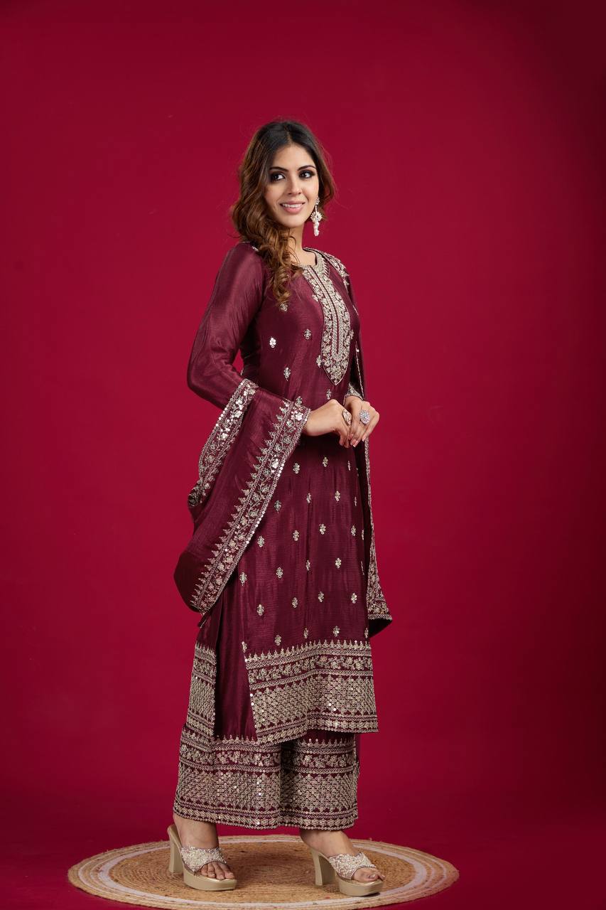 Teeya Creation Maroon Colour Chinon Silk Heavy Embroidery Work Fully Stitched Salwar Suit | Grocsy