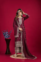 Teeya Creation Maroon Colour Chinon Silk Heavy Embroidery Work Fully Stitched Salwar Suit | Grocsy