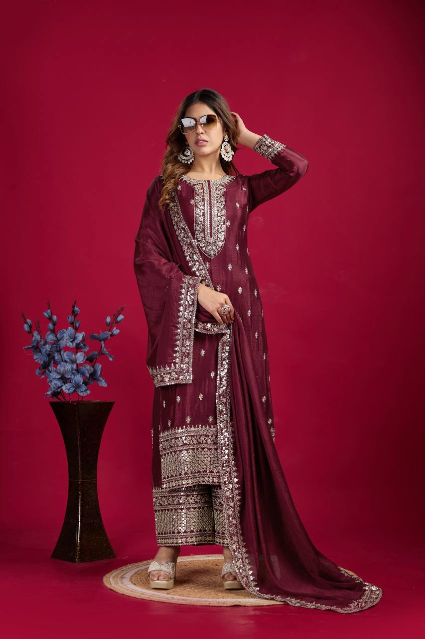 Teeya Creation Maroon Colour Chinon Silk Heavy Embroidery Work Fully Stitched Salwar Suit | Grocsy