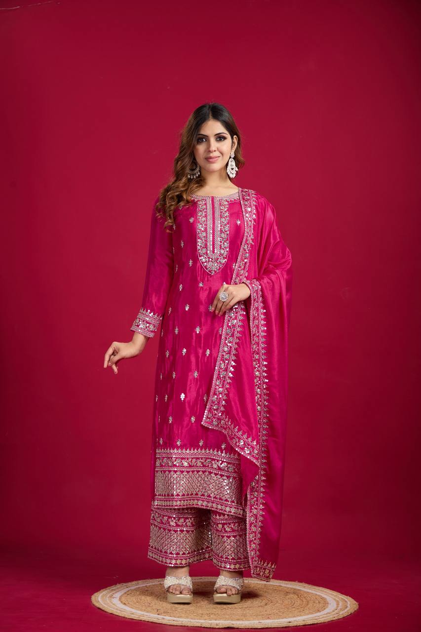 Teeya Creation Pink Colour Chinon Silk Heavy Embroidery Work Fully Stitched Salwar Suit | Grocsy