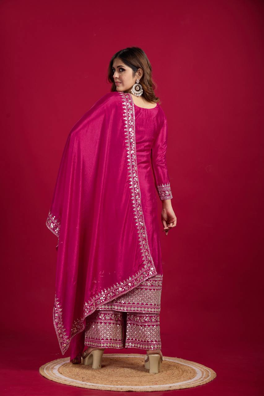 Teeya Creation Pink Colour Chinon Silk Heavy Embroidery Work Fully Stitched Salwar Suit | Grocsy