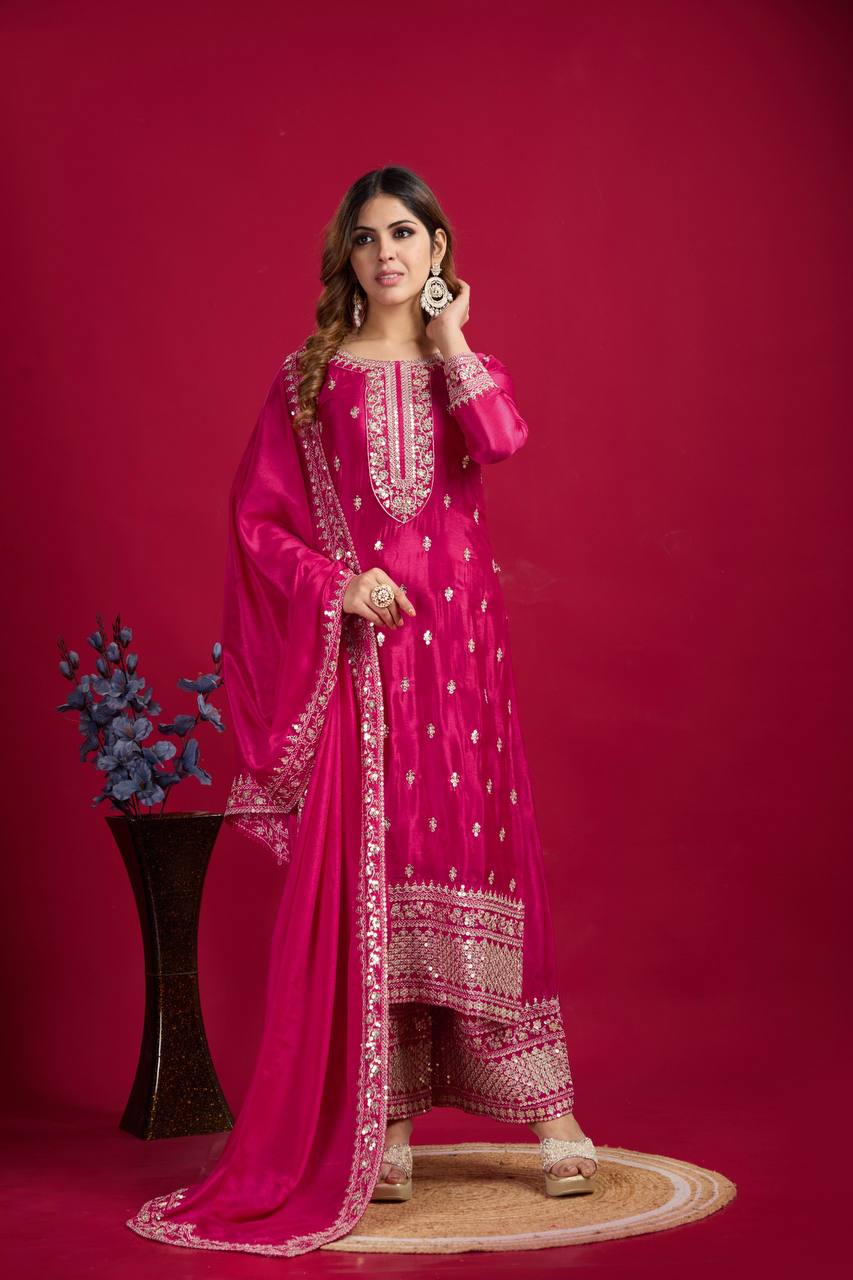 Teeya Creation Pink Colour Chinon Silk Heavy Embroidery Work Fully Stitched Salwar Suit | Grocsy