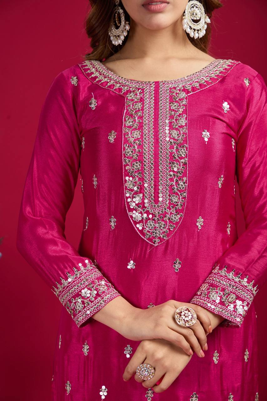 Teeya Creation Pink Colour Chinon Silk Heavy Embroidery Work Fully Stitched Salwar Suit | Grocsy