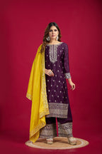 Teeya Creation Wine Colour Chinon Silk Heavy Embroidery Work Fully Stitched Salwar Suit | Grocsy