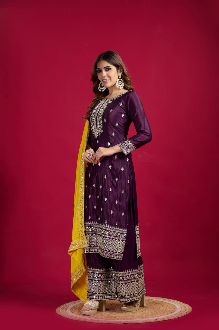 Teeya Creation Wine Colour Chinon Silk Heavy Embroidery Work Fully Stitched Salwar Suit | Grocsy