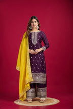 Teeya Creation Wine Colour Chinon Silk Heavy Embroidery Work Fully Stitched Salwar Suit | Grocsy
