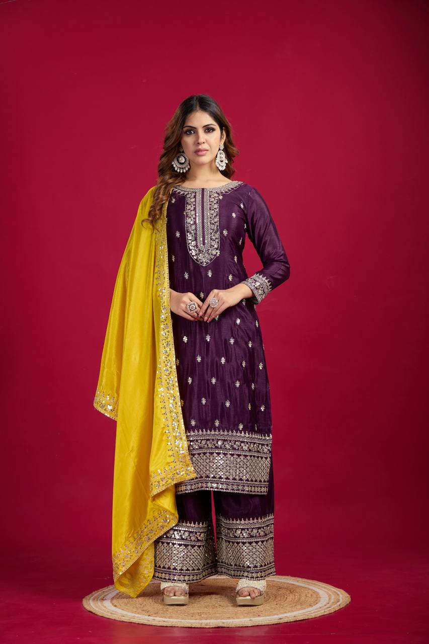 Teeya Creation Wine Colour Chinon Silk Heavy Embroidery Work Fully Stitched Salwar Suit | Grocsy