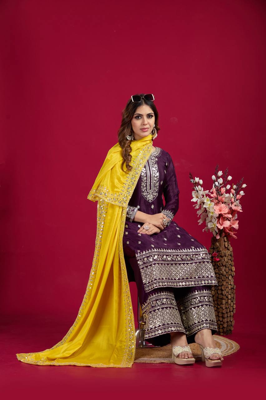 Teeya Creation Wine Colour Chinon Silk Heavy Embroidery Work Fully Stitched Salwar Suit | Grocsy