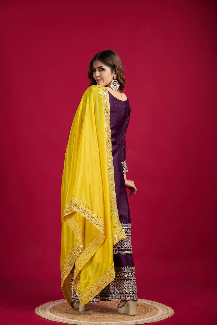 Teeya Creation Wine Colour Chinon Silk Heavy Embroidery Work Fully Stitched Salwar Suit | Grocsy