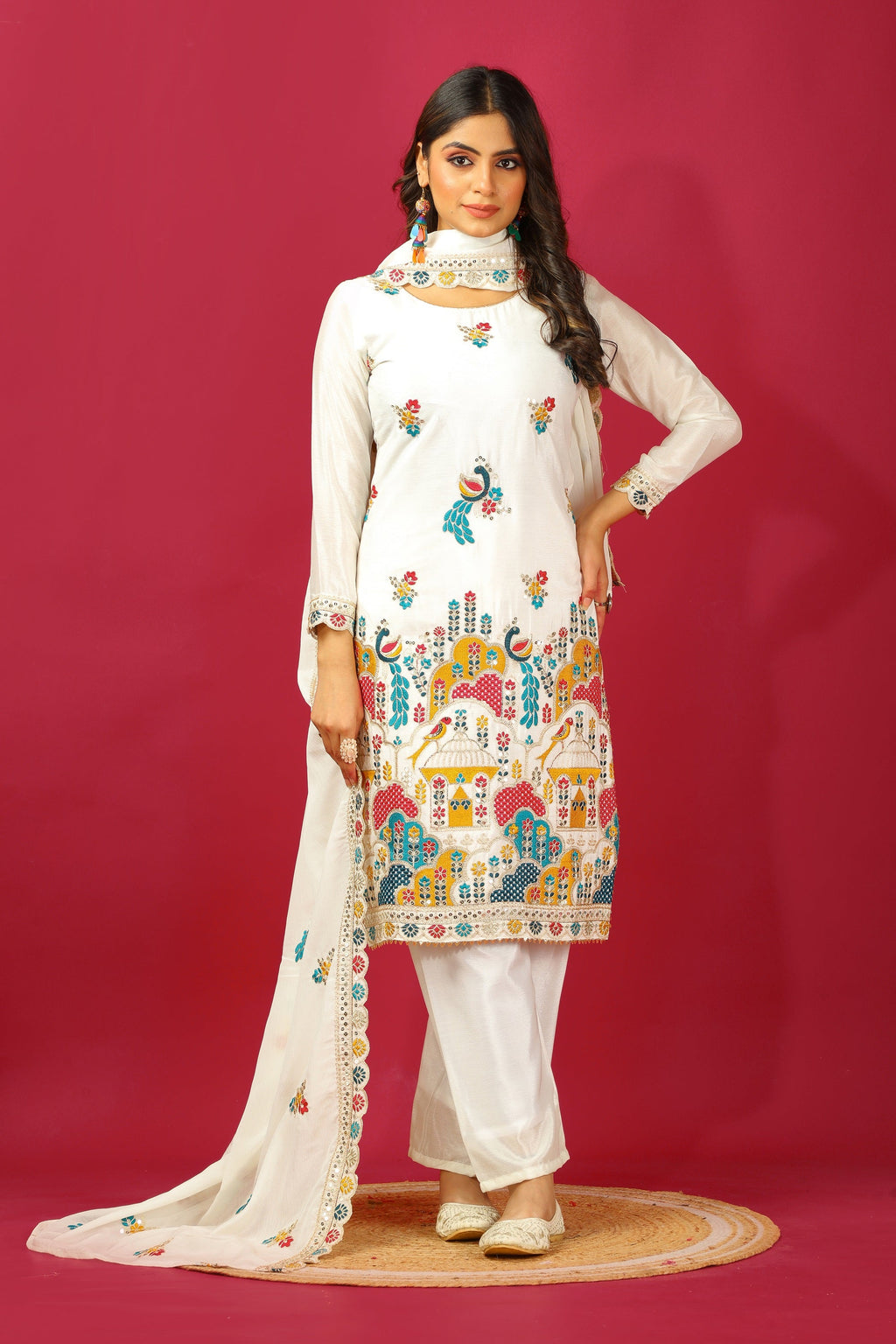 Teeya Creation White Colour Chinon Silk Heavy Embroidery Work Fully Stitched Salwar Suit | Grocsy