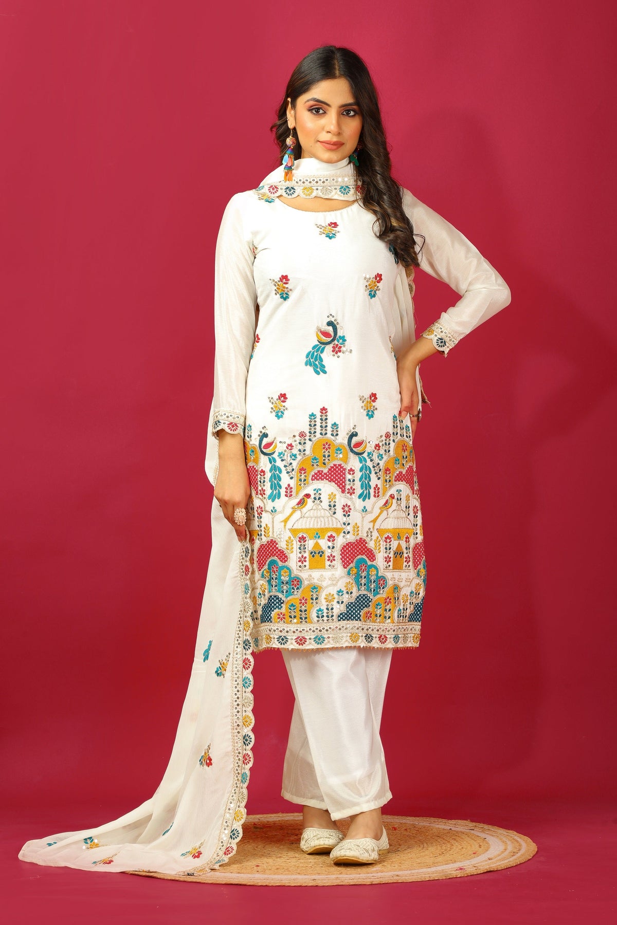 Teeya Creation White Colour Chinon Silk Heavy Embroidery Work Fully Stitched Salwar Suit | Grocsy
