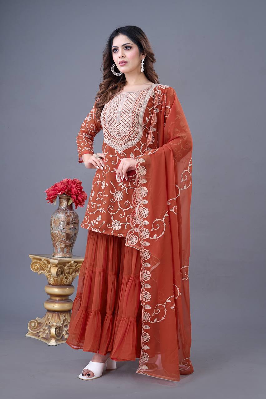 Teeya Creation Fenta Colour Faux Georgette Heavy Embroidery Work Fully Stitched Sharara | Grocsy