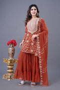 Teeya Creation Fenta Colour Faux Georgette Heavy Embroidery Work Fully Stitched Sharara | Grocsy