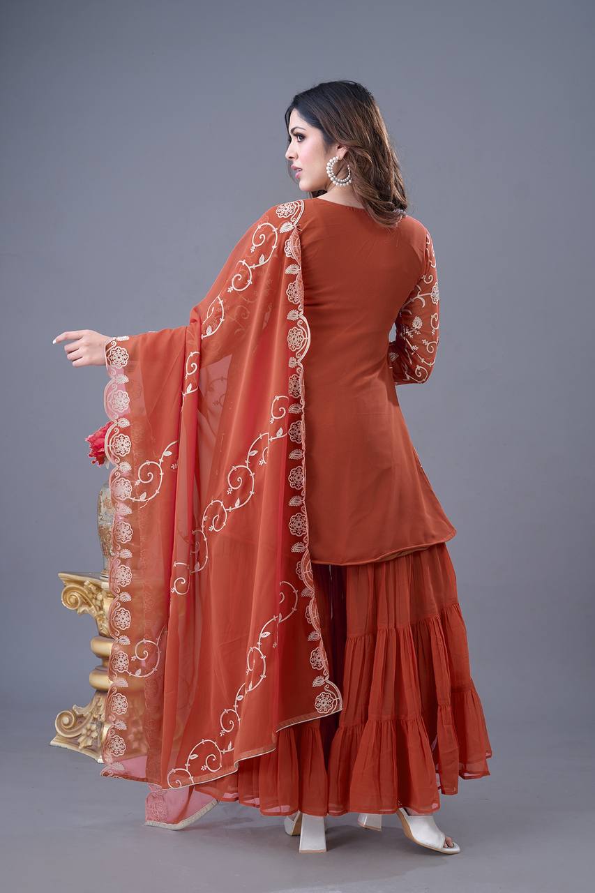 Teeya Creation Fenta Colour Faux Georgette Heavy Embroidery Work Fully Stitched Sharara | Grocsy