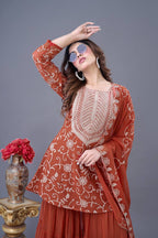 Teeya Creation Fenta Colour Faux Georgette Heavy Embroidery Work Fully Stitched Sharara | Grocsy