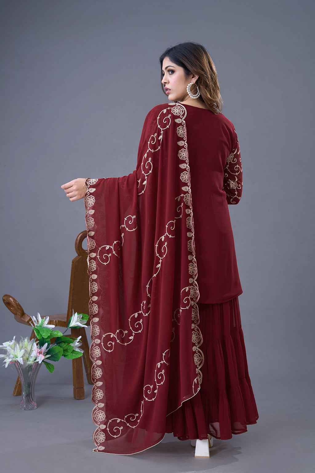 Teeya Creation Maroon Colour Faux Georgette Heavy Embroidery Work Fully Stitched Sharara | Grocsy