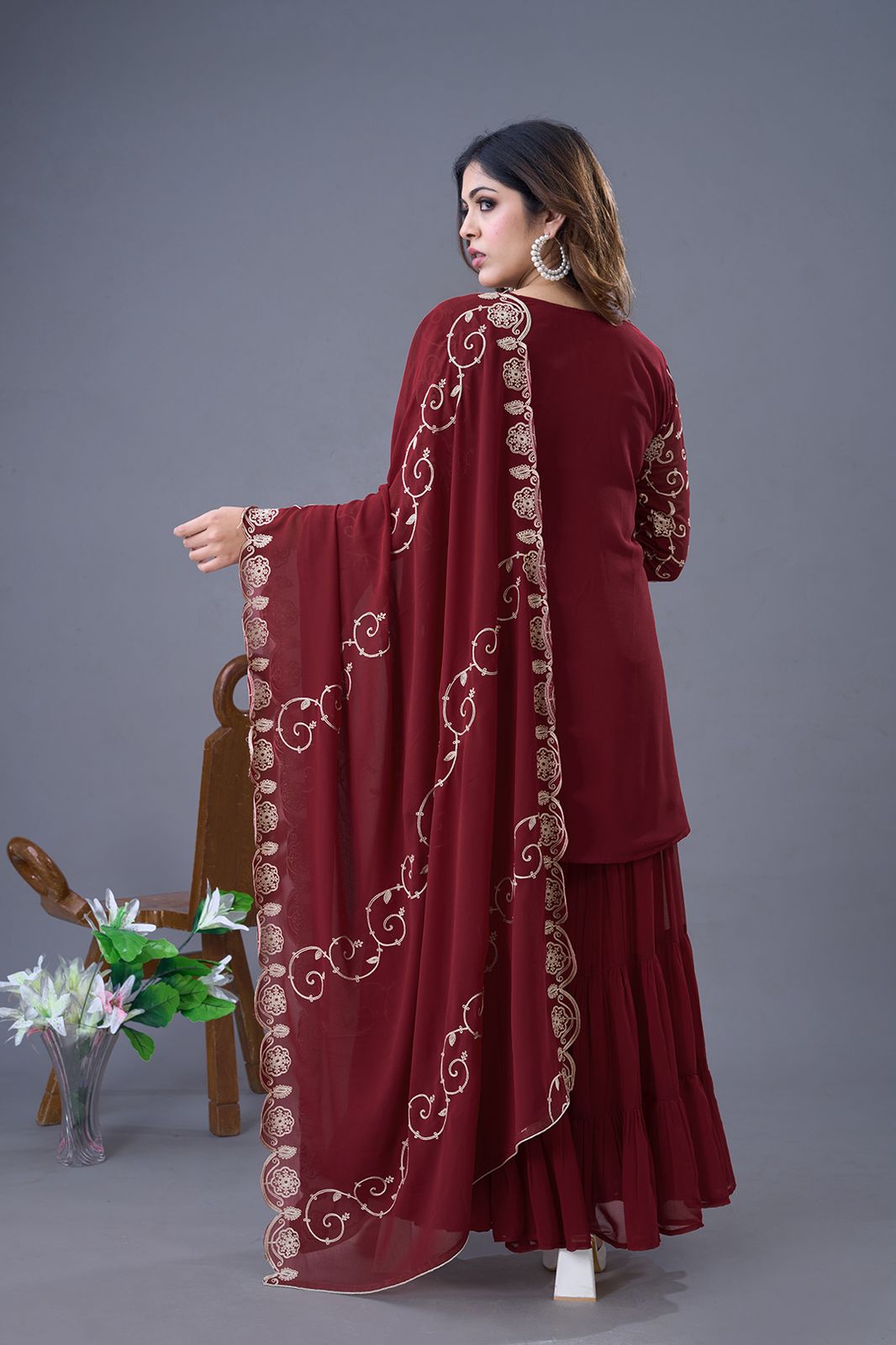 Teeya Creation Maroon Colour Faux Georgette Heavy Embroidery Work Fully Stitched Sharara | Grocsy