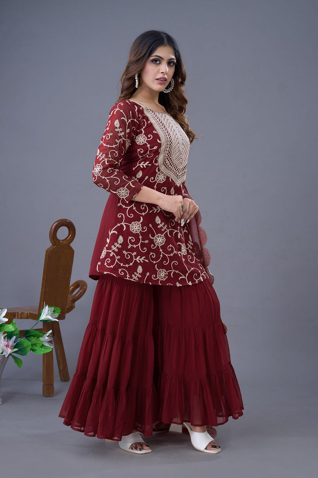 Teeya Creation Maroon Colour Faux Georgette Heavy Embroidery Work Fully Stitched Sharara | Grocsy