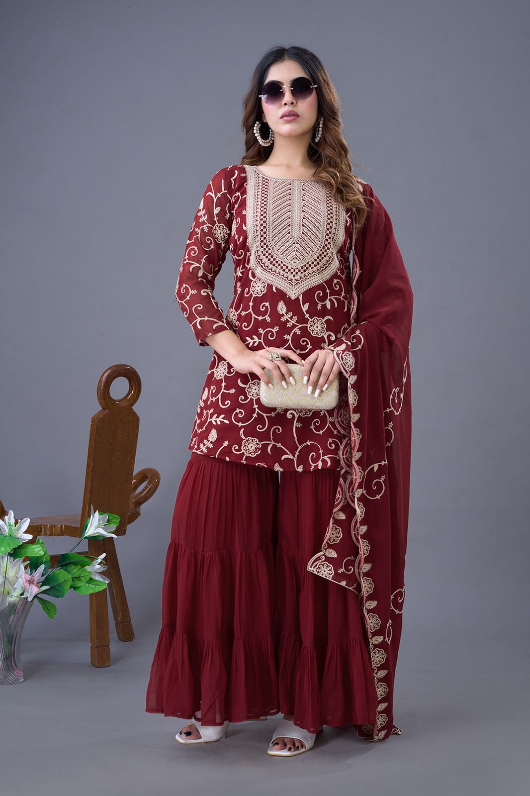 Teeya Creation Maroon Colour Faux Georgette Heavy Embroidery Work Fully Stitched Sharara | Grocsy