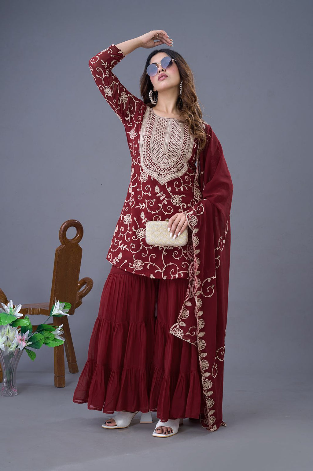 Teeya Creation Maroon Colour Faux Georgette Heavy Embroidery Work Fully Stitched Sharara | Grocsy