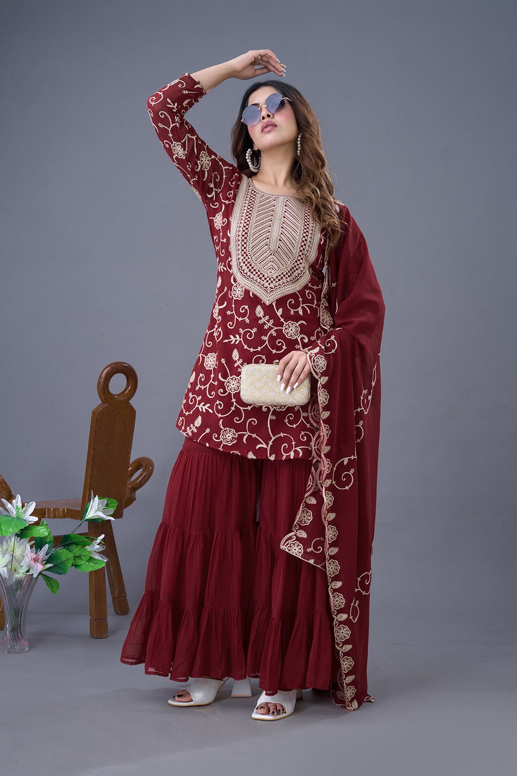 Teeya Creation Maroon Colour Faux Georgette Heavy Embroidery Work Fully Stitched Sharara | Grocsy
