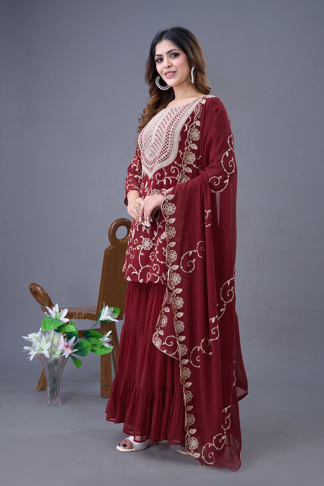 Teeya Creation Maroon Colour Faux Georgette Heavy Embroidery Work Fully Stitched Sharara | Grocsy