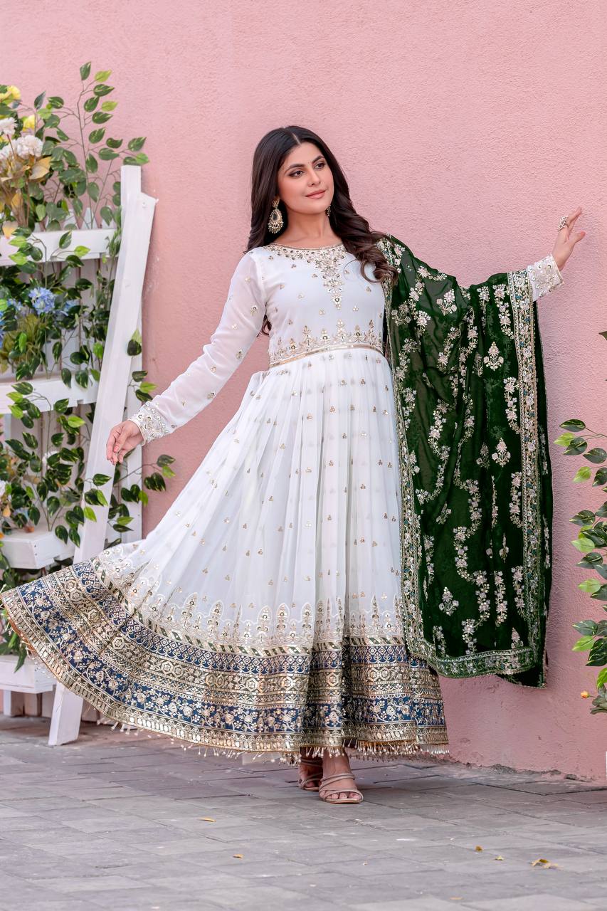 Teeya Creation White Colour Faux Georgette Heavy Embroidery Work Fully Stitched Gown | Grocsy