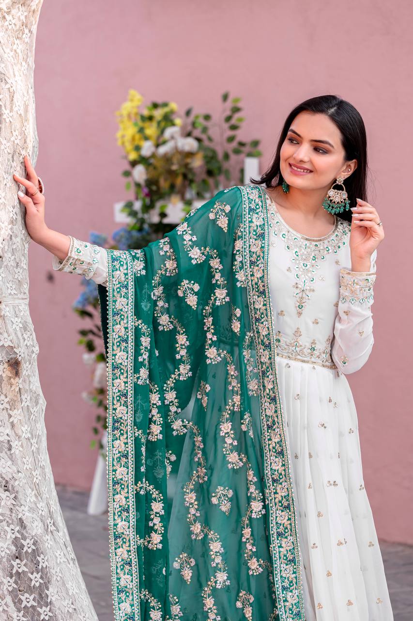Teeya Creation White Colour Faux Georgette Heavy Embroidery Work Fully Stitched Gown | Grocsy