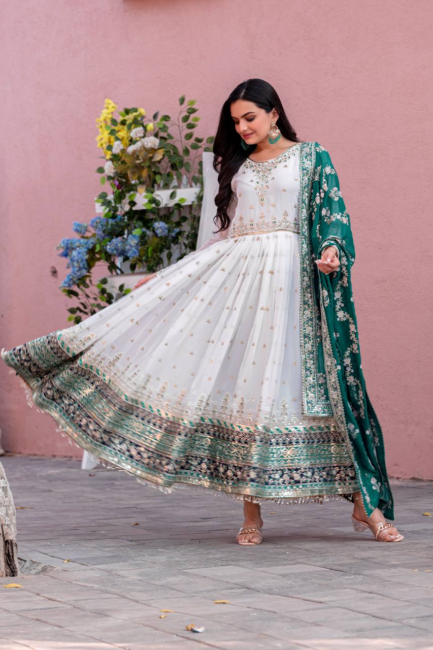 Teeya Creation White Colour Faux Georgette Heavy Embroidery Work Fully Stitched Gown | Grocsy